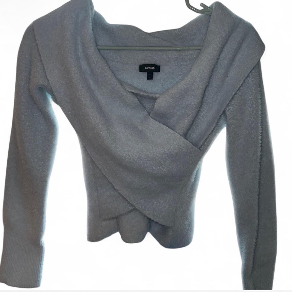 Express Women's Light Blue Off the Shoulder Sweater